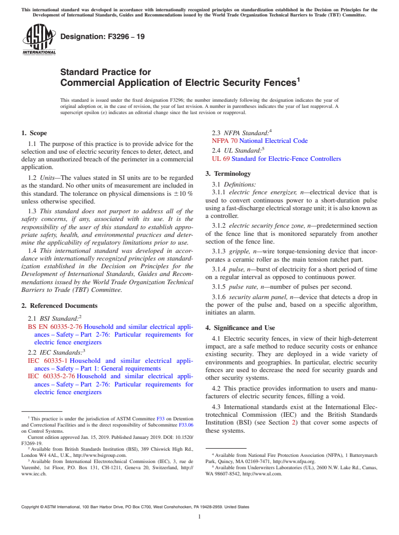 ASTM F3296-19 - Standard Practice for Commercial Application of Electric Security Fences
