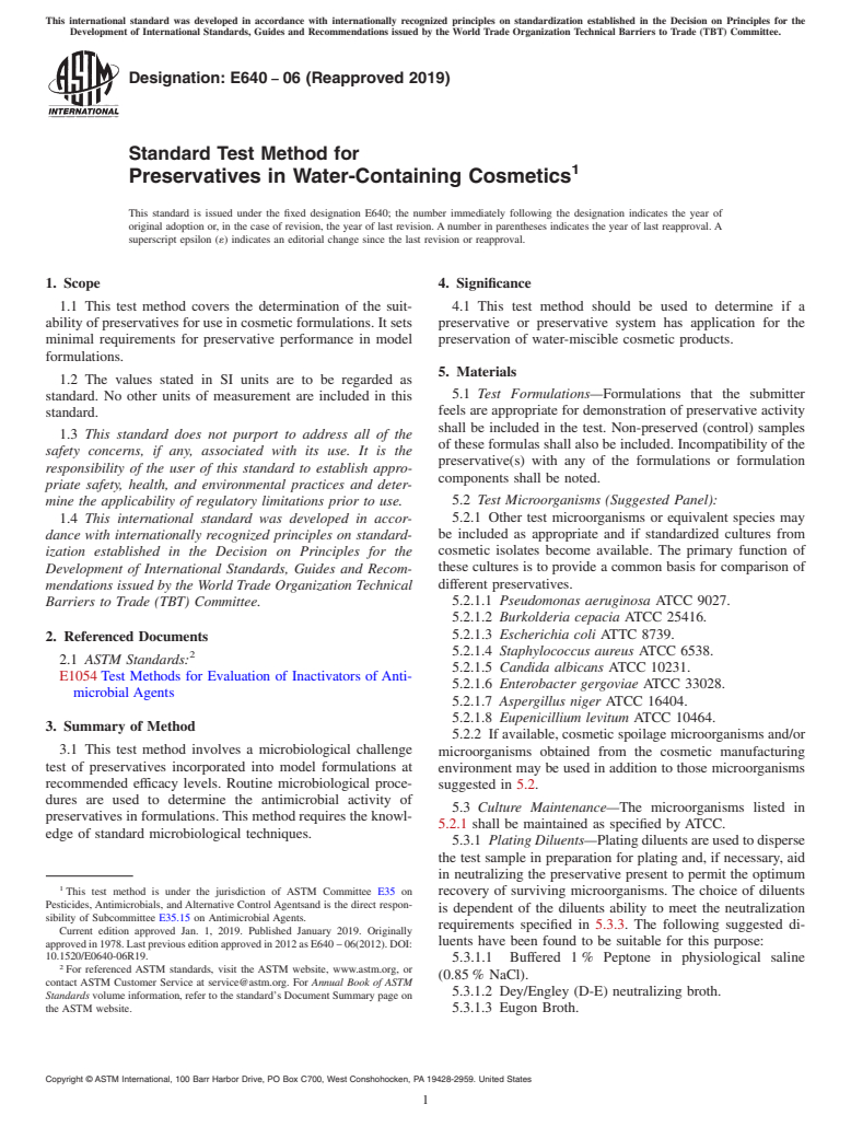 ASTM E640-06(2019) - Standard Test Method for  Preservatives in Water-Containing Cosmetics