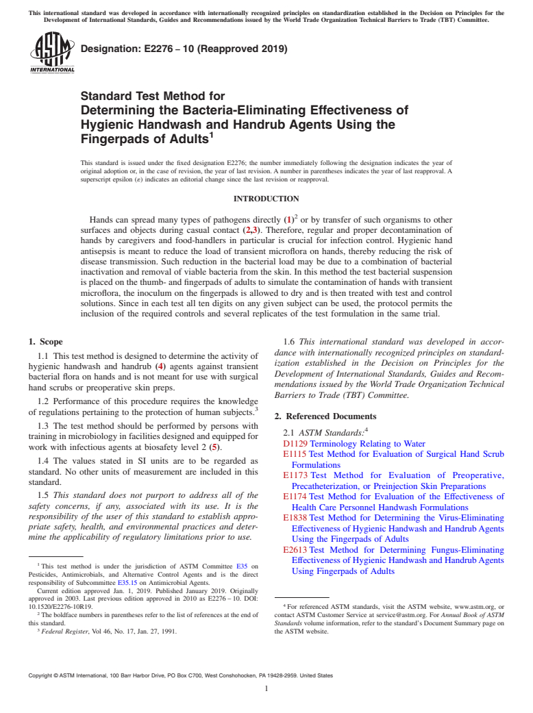 ASTM E2276-10(2019) - Standard Test Method for  Determining the Bacteria-Eliminating Effectiveness of Hygienic Handwash and Handrub Agents Using the Fingerpads of Adults