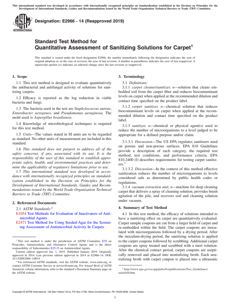 ASTM E2966-14(2019) - Standard Test Method for Quantitative Assessment of Sanitizing Solutions for Carpet