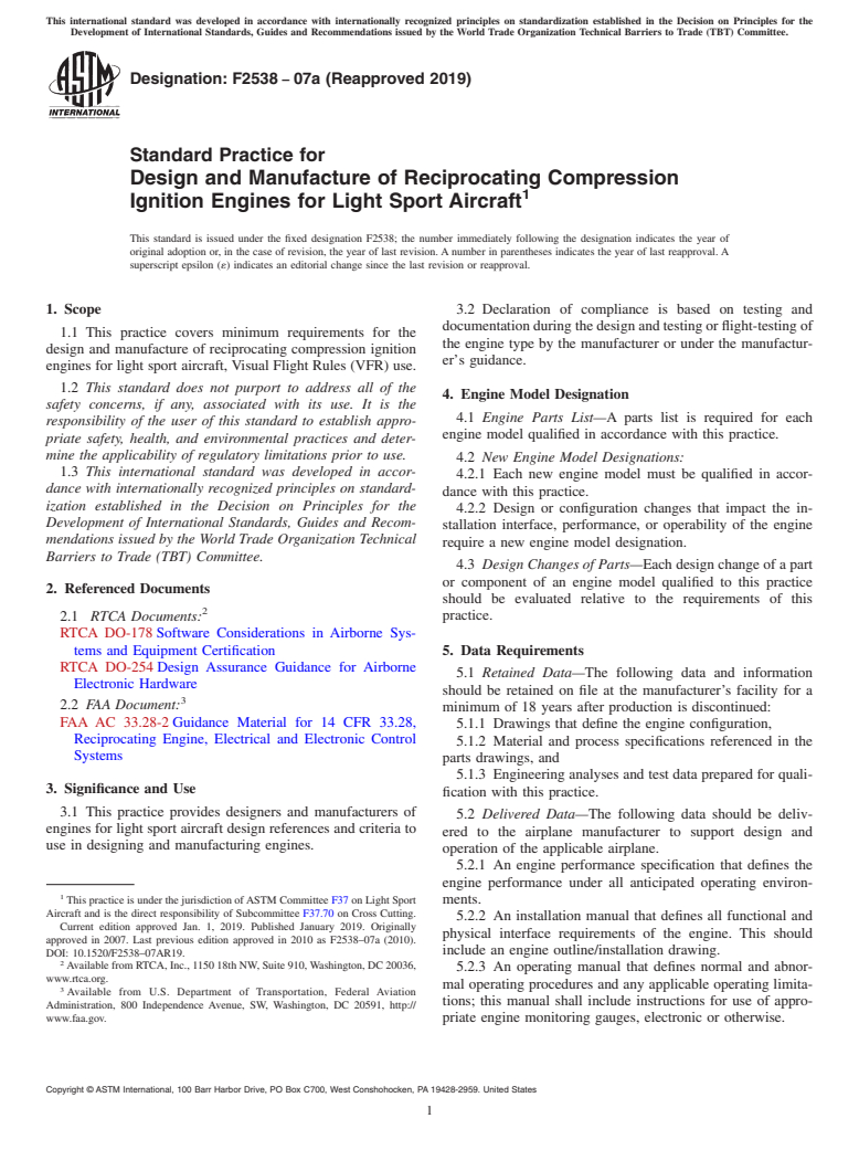 ASTM F2538-07a(2019) - Standard Practice for Design and Manufacture of Reciprocating Compression Ignition  Engines  for Light Sport Aircraft