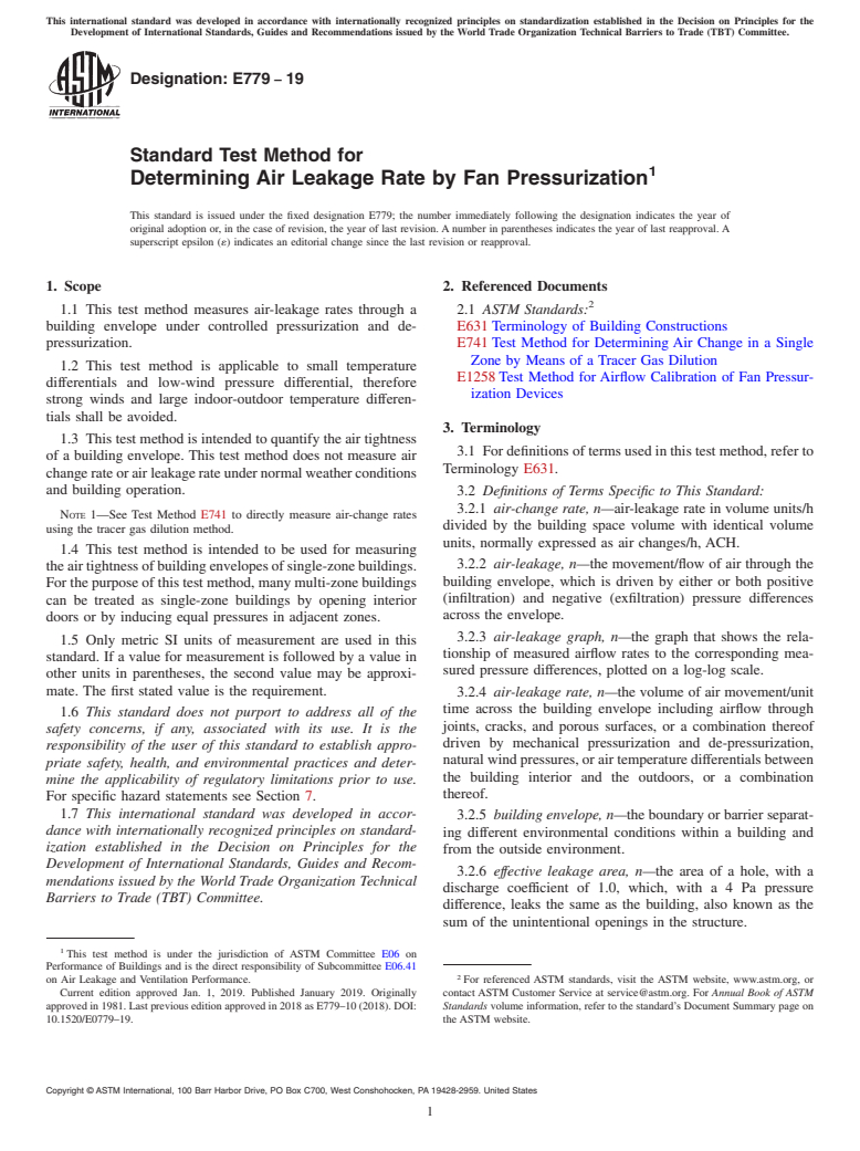 ASTM E779-19 - Standard Test Method for Determining Air Leakage Rate by Fan Pressurization