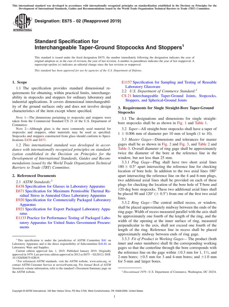 ASTM E675-02(2019) - Standard Specification for  Interchangeable Taper-Ground Stopcocks And Stoppers