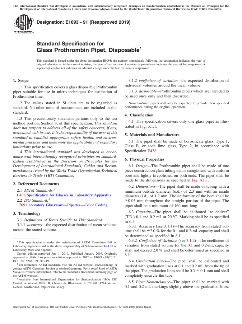 ASTM E1093-91(2019) - Standard Specification for  Glass Prothrombin Pipet, Disposable