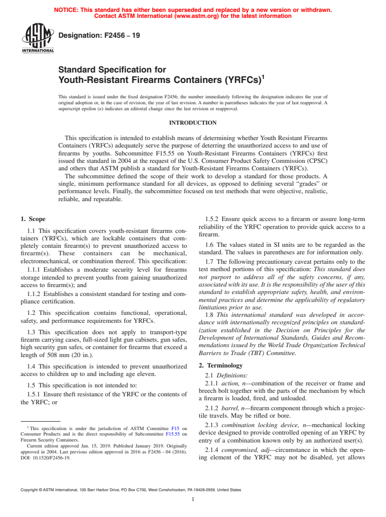 ASTM F2456-19 - Standard Specification for  Youth-Resistant Firearms Containers (YRFCs)