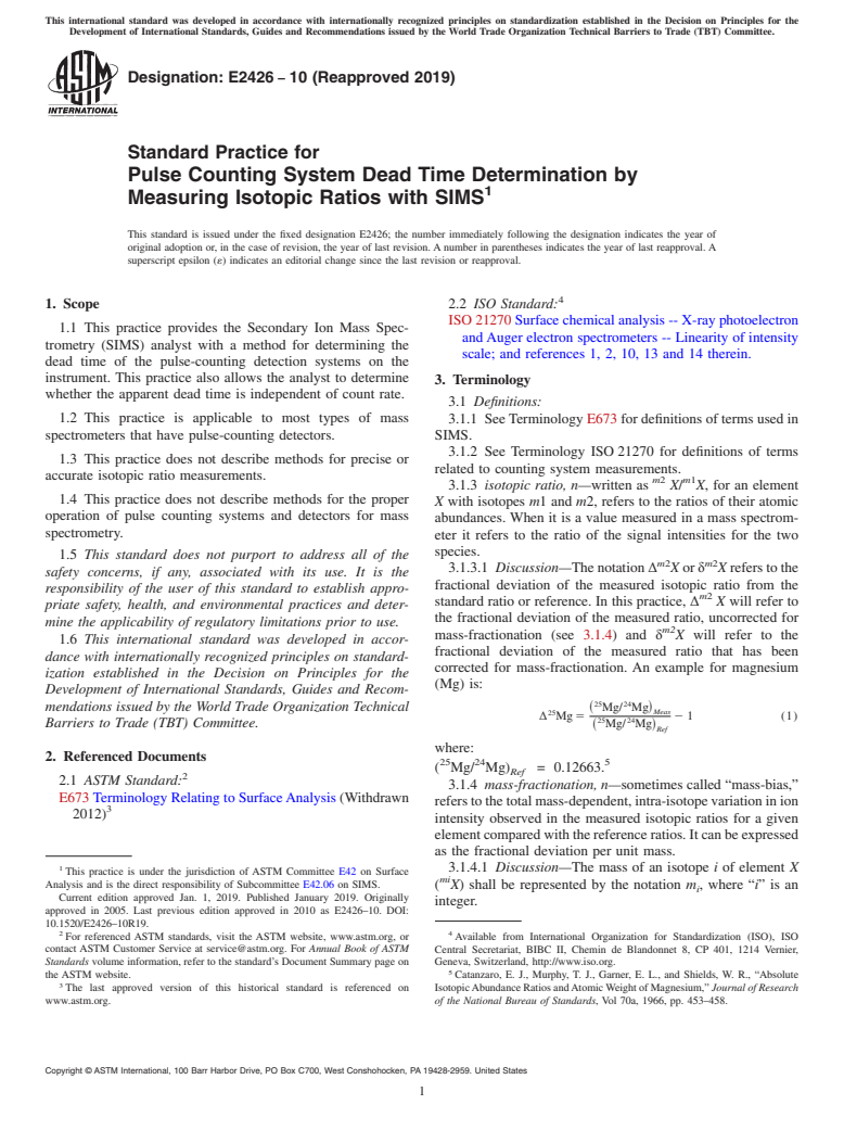 ASTM E2426-10(2019) - Standard Practice for Pulse Counting System Dead Time Determination by Measuring  Isotopic  Ratios with SIMS