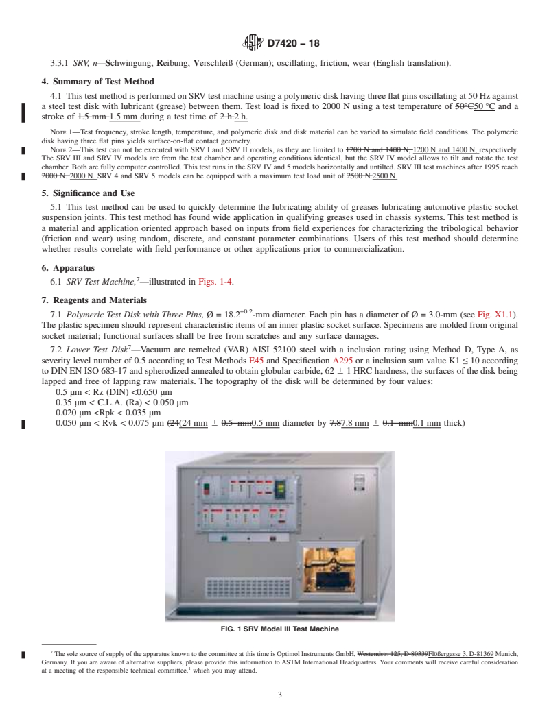 REDLINE ASTM D7420-18 - Standard Test Method for  Determining Tribomechanical Properties of Grease Lubricated  Plastic Socket Suspension Joints Using a High-Frequency, Linear-Oscillation  (SRV) Test Machine