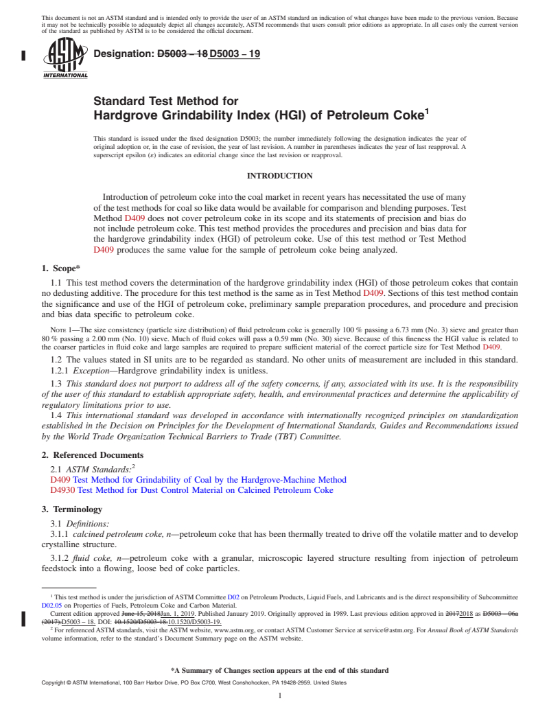 REDLINE ASTM D5003-19 - Standard Test Method for  Hardgrove Grindability Index (HGI) of Petroleum Coke