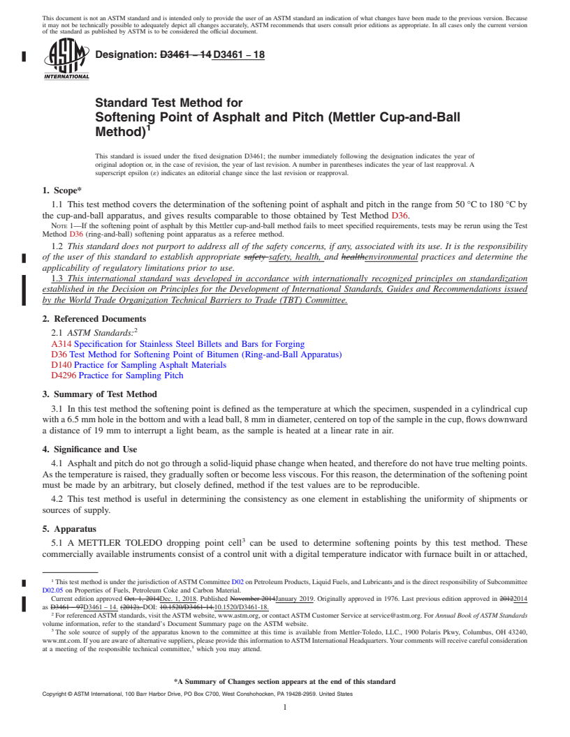 REDLINE ASTM D3461-18 - Standard Test Method for Softening Point of Asphalt and Pitch (Mettler Cup-and-Ball   Method)