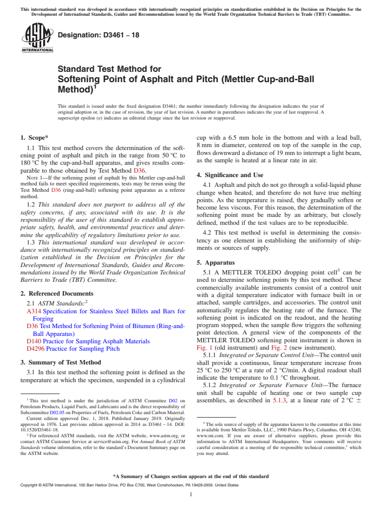 ASTM D3461-18 - Standard Test Method for Softening Point of Asphalt and Pitch (Mettler Cup-and-Ball   Method)