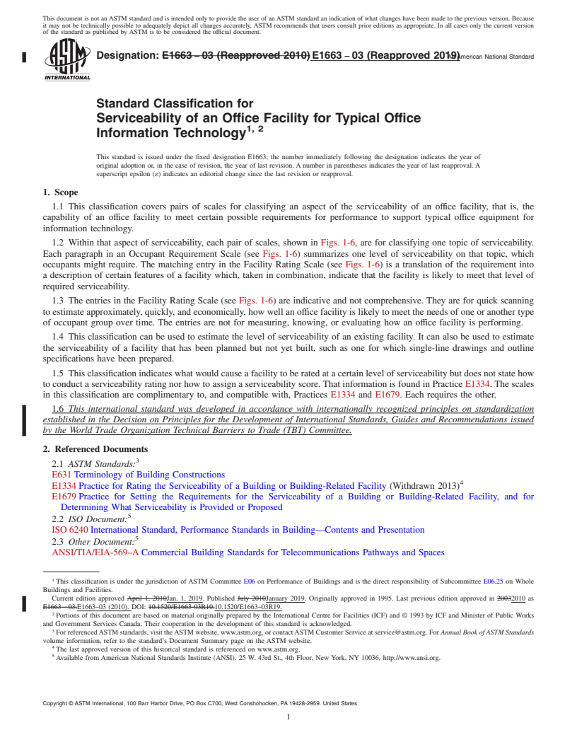 REDLINE ASTM E1663-03(2019) - Standard Classification for Serviceability of an Office Facility for Typical Office Information  Technology