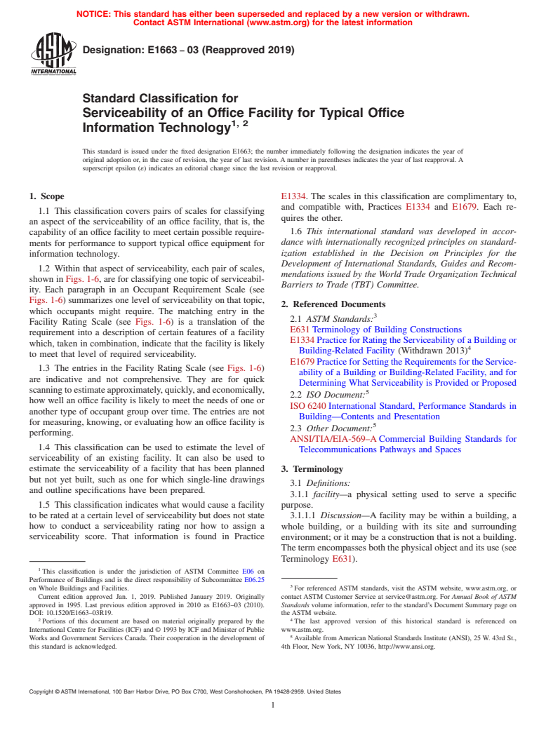 ASTM E1663-03(2019) - Standard Classification for Serviceability of an Office Facility for Typical Office Information  Technology