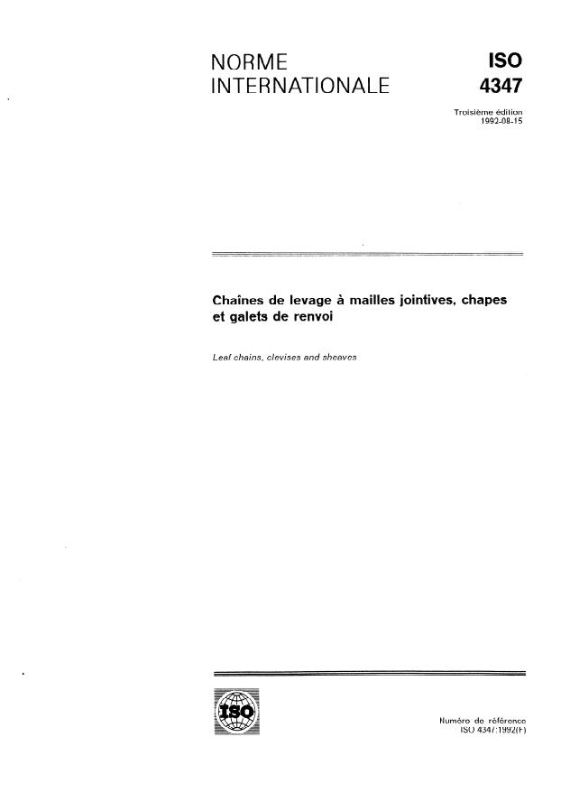ISO 4347:1992 - Chaînes de levage a mailles jointives, chapes et galets de renvoi