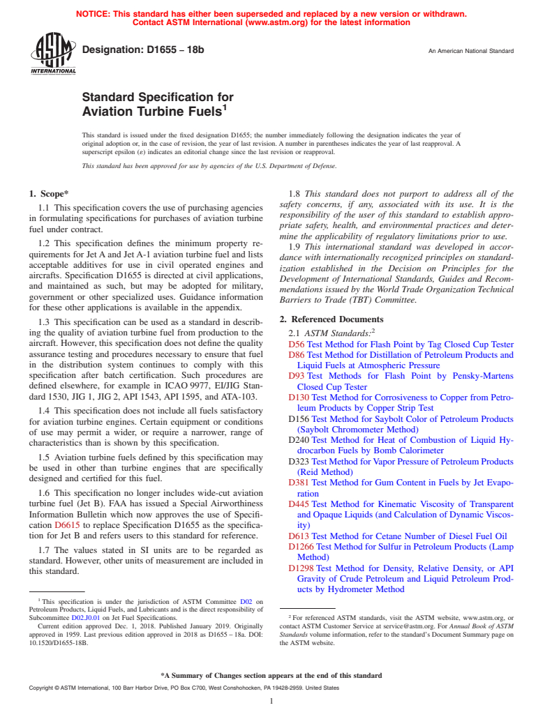 ASTM D1655-18b - Standard Specification for Aviation Turbine Fuels