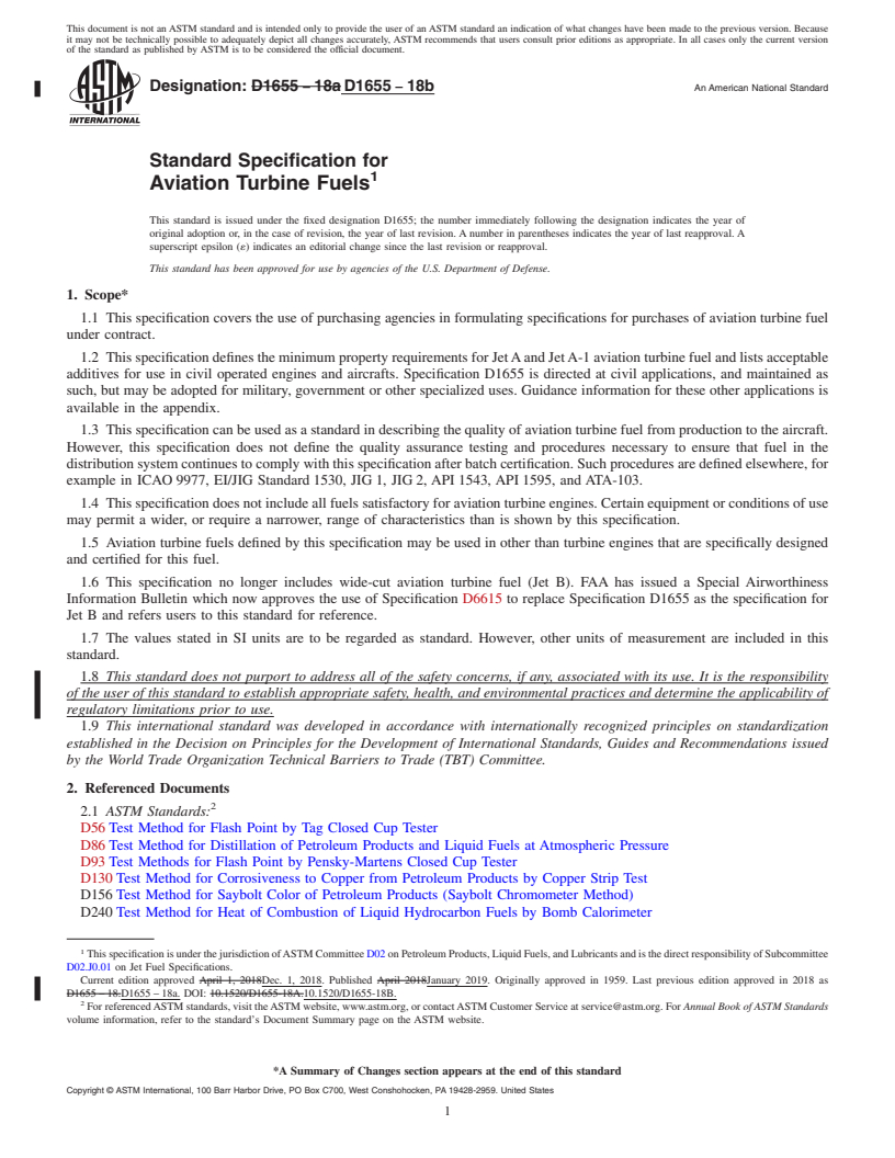 REDLINE ASTM D1655-18b - Standard Specification for Aviation Turbine Fuels