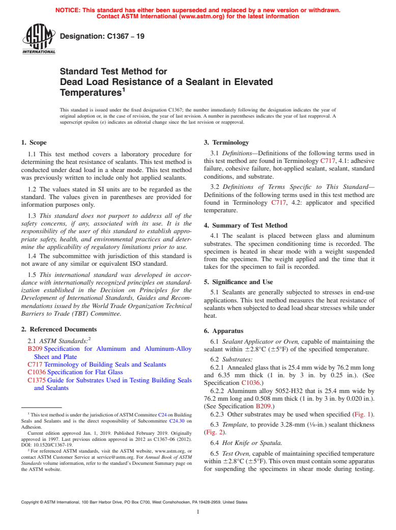 ASTM C1367-19 - Standard Test Method for  Dead Load Resistance of a Sealant in Elevated Temperatures