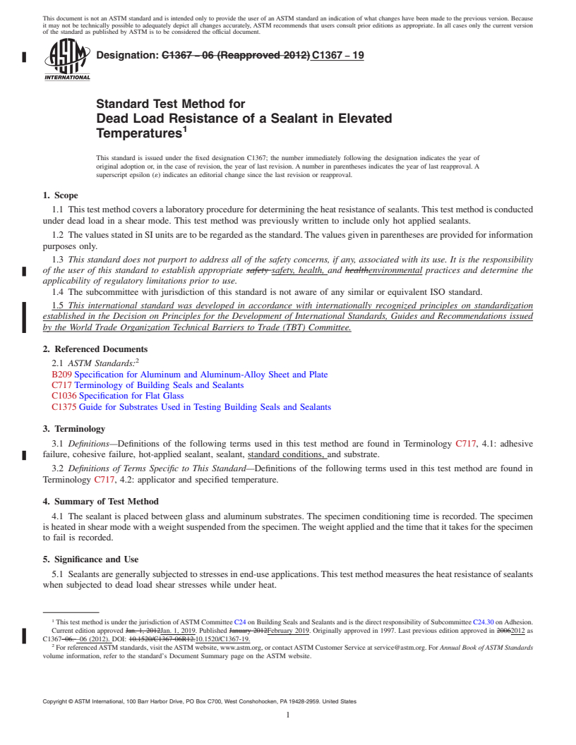 REDLINE ASTM C1367-19 - Standard Test Method for  Dead Load Resistance of a Sealant in Elevated Temperatures