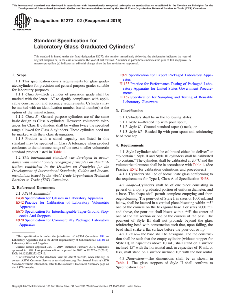 ASTM E1272-02(2019) - Standard Specification for  Laboratory Glass Graduated Cylinders