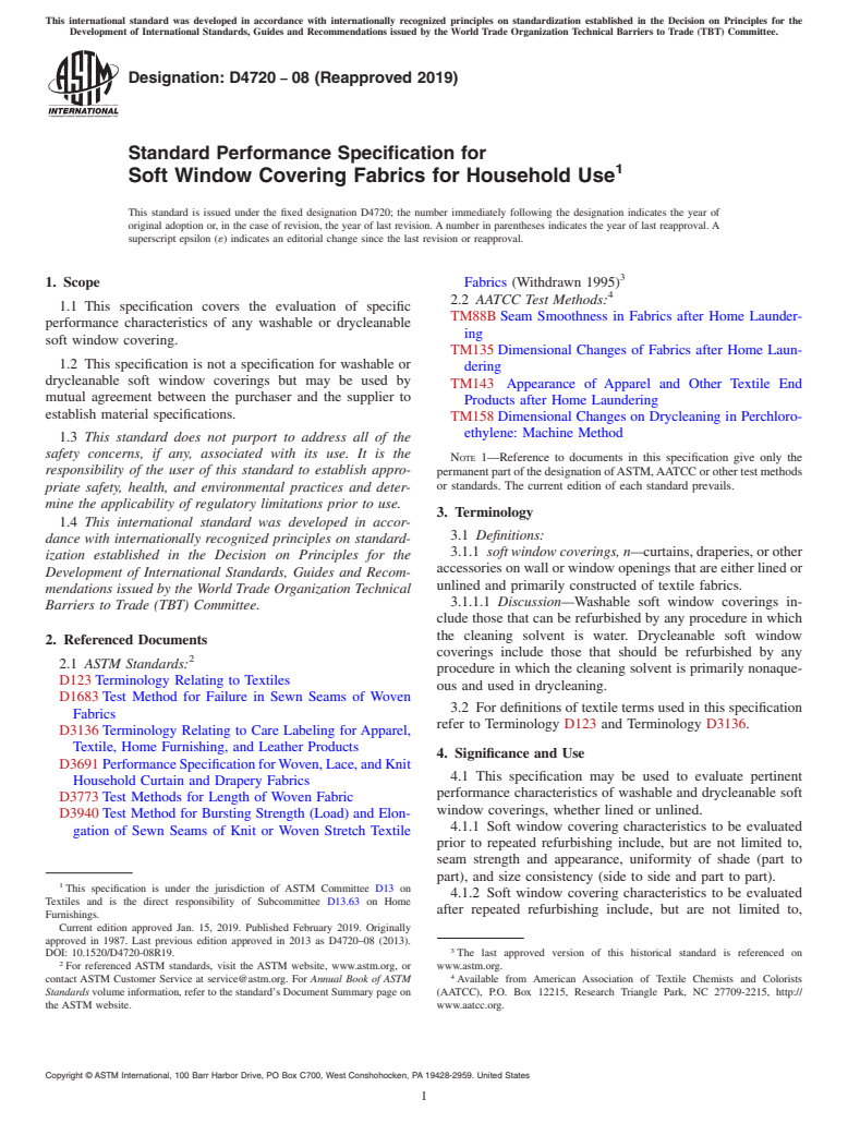 ASTM D4720-08(2019) - Standard Performance Specification for   Soft Window Covering Fabrics for Household Use