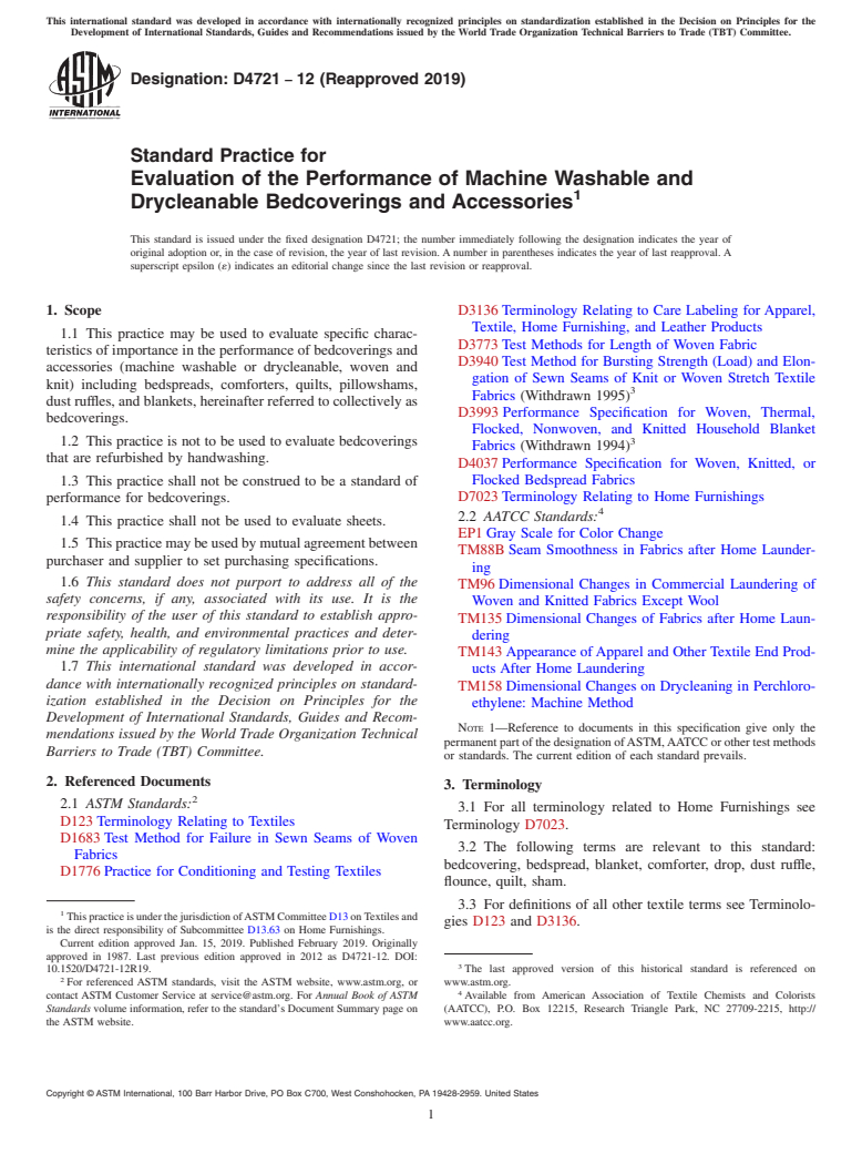 ASTM D4721-12(2019) - Standard Practice for  Evaluation of the Performance of Machine Washable and Drycleanable  Bedcoverings and Accessories