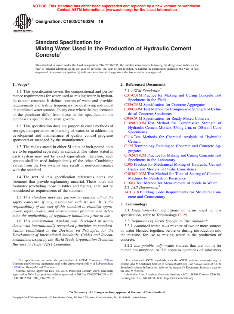 ASTM C1602/C1602M-18 - Standard Specification for  Mixing Water Used in the Production of Hydraulic Cement Concrete