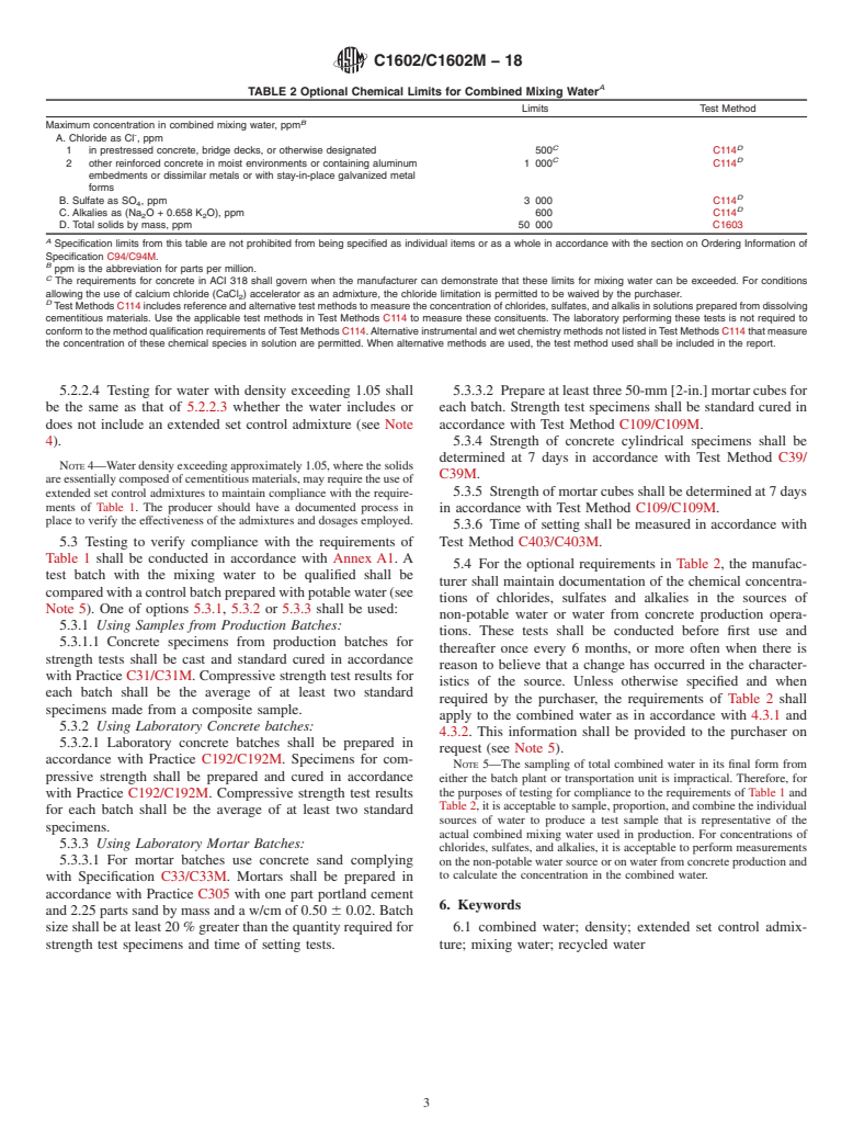 ASTM C1602/C1602M-18 - Standard Specification for  Mixing Water Used in the Production of Hydraulic Cement Concrete