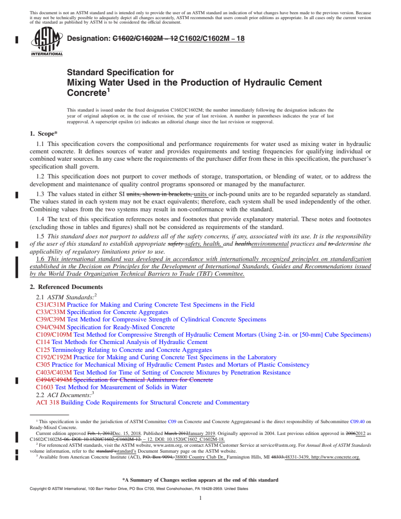 REDLINE ASTM C1602/C1602M-18 - Standard Specification for  Mixing Water Used in the Production of Hydraulic Cement Concrete