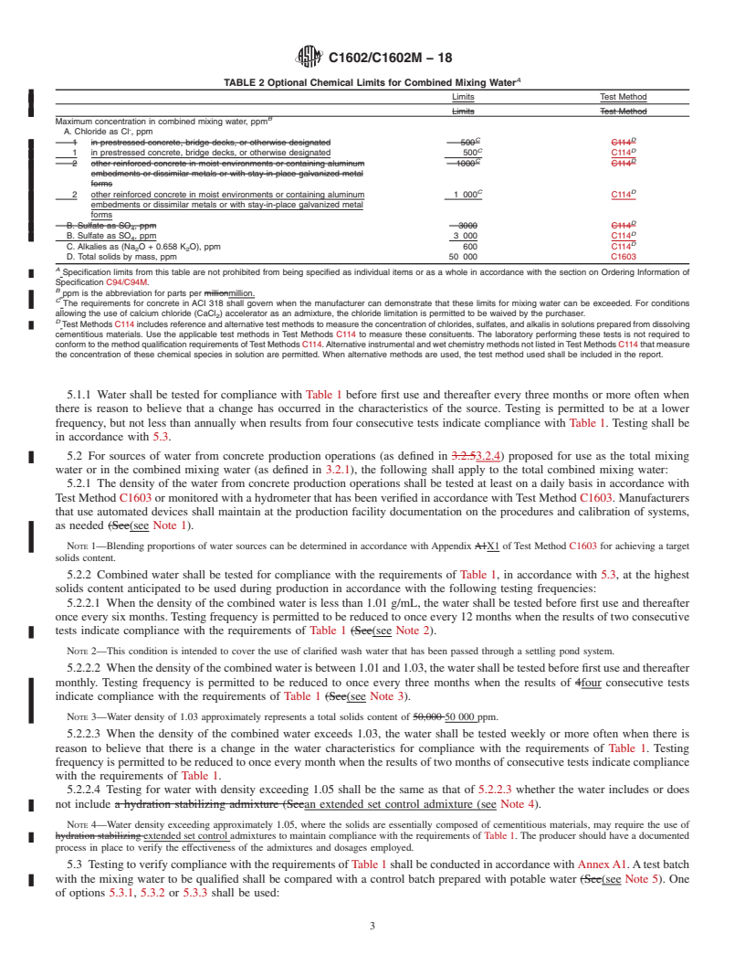 REDLINE ASTM C1602/C1602M-18 - Standard Specification for  Mixing Water Used in the Production of Hydraulic Cement Concrete