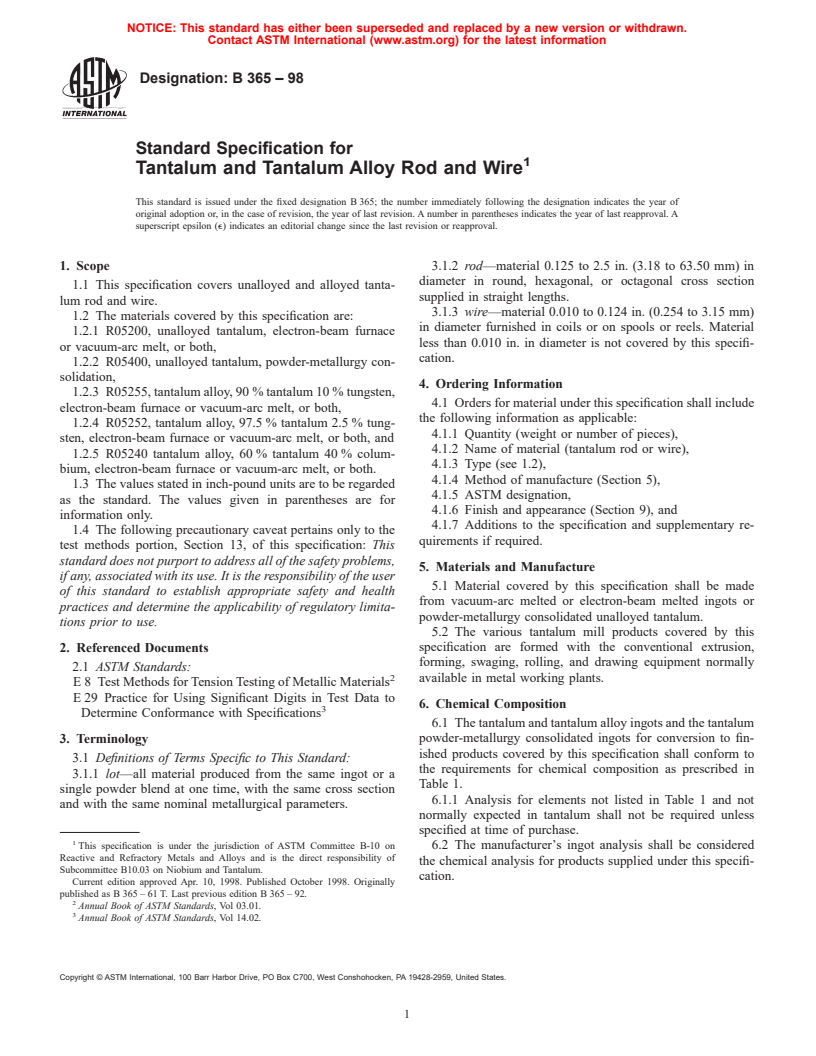 ASTM B365-98 - Standard Specification for Tantalum and Tantalum Alloy Rod and Wire