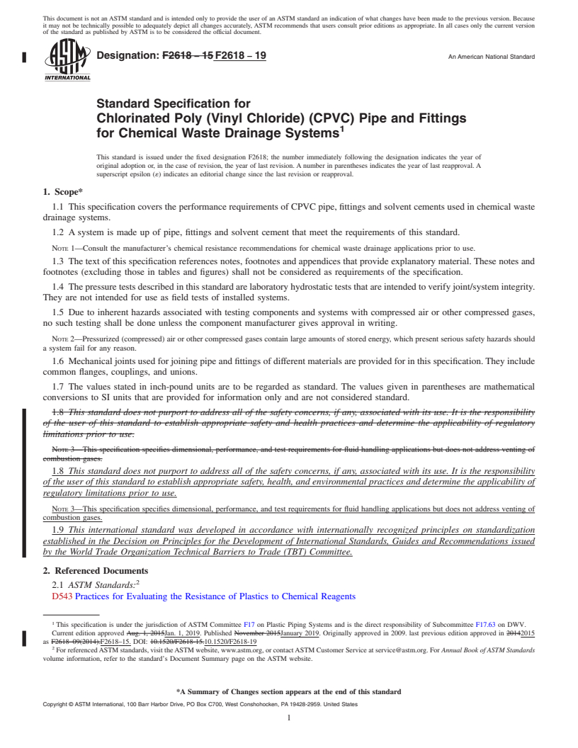 REDLINE ASTM F2618-19 - Standard Specification for  Chlorinated Poly (Vinyl Chloride) (CPVC) Pipe and Fittings   for Chemical Waste Drainage Systems