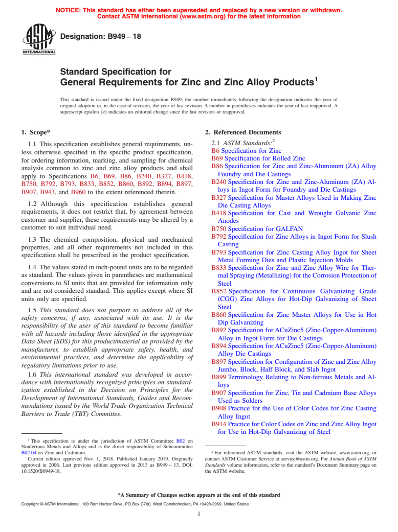 ASTM B949-18 - Standard Specification for General Requirements for Zinc and Zinc Alloy Products