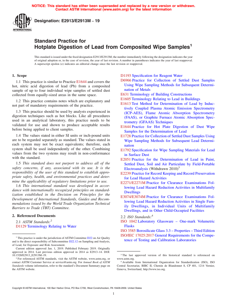 ASTM E2913/E2913M-19 - Standard Practice for Hotplate Digestion of Lead from Composited Wipe Samples