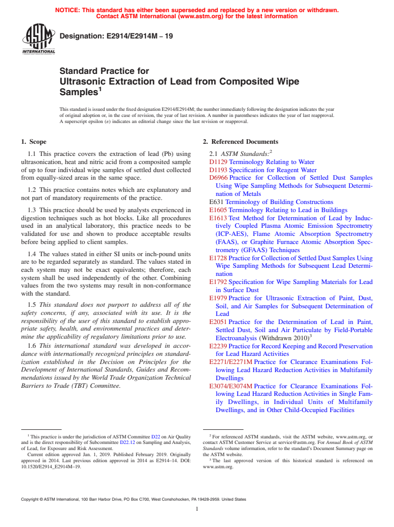 ASTM E2914/E2914M-19 - Standard Practice for Ultrasonic Extraction of Lead from Composited Wipe Samples