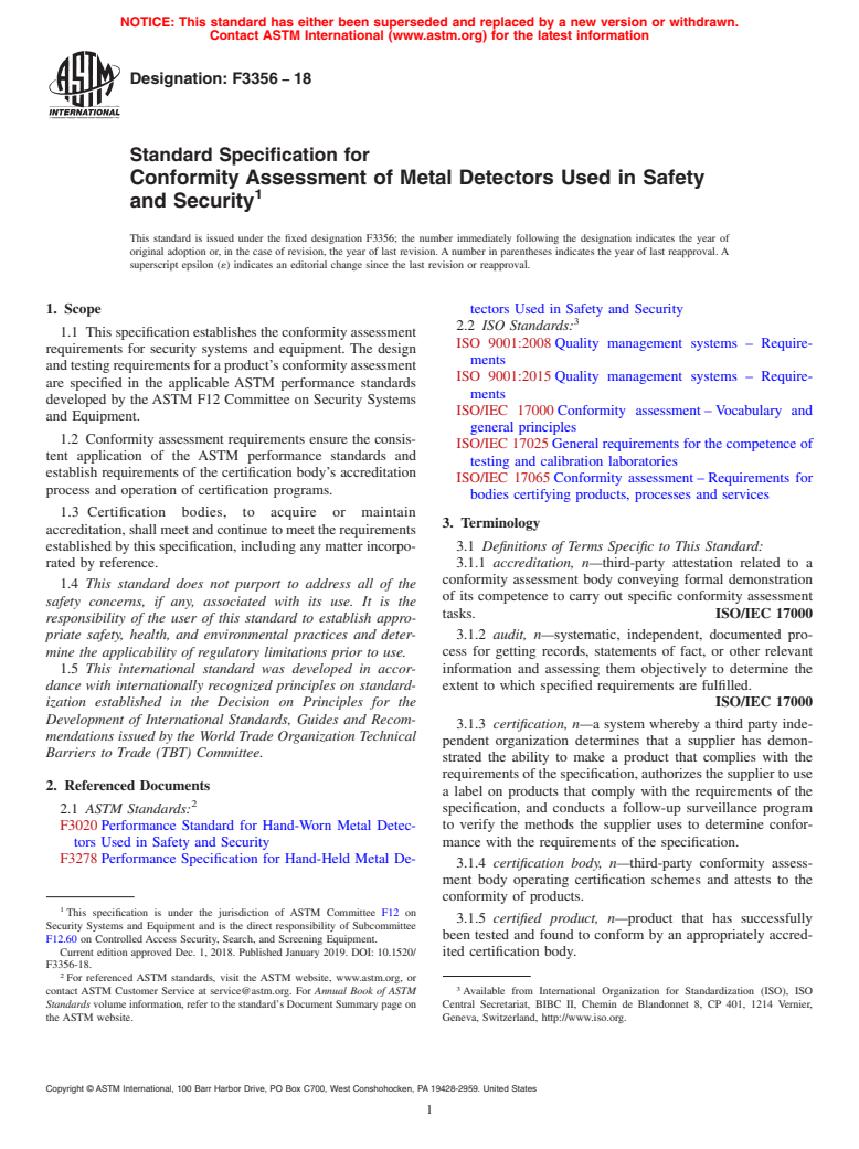 ASTM F3356-18 - Standard Specification for Conformity Assessment of Metal Detectors Used in Safety and  Security
