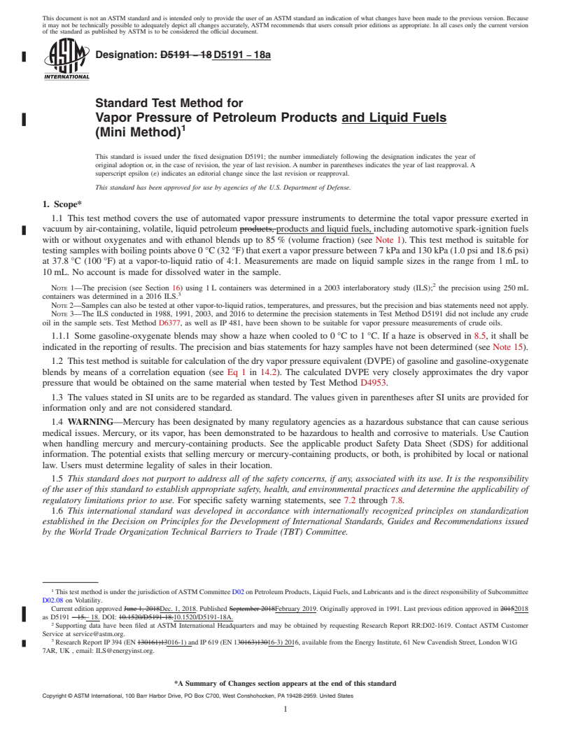 REDLINE ASTM D5191-18a - Standard Test Method for Vapor Pressure of Petroleum Products and Liquid Fuels (Mini  Method)
