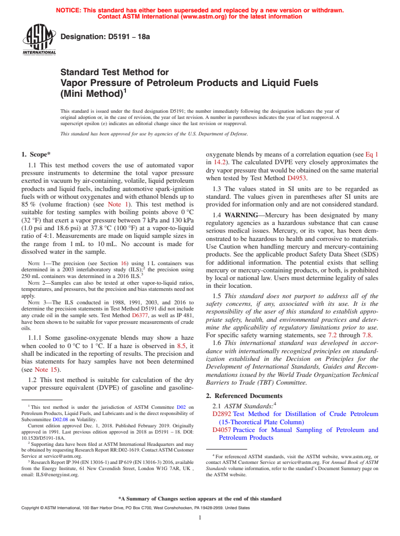 ASTM D5191-18a - Standard Test Method for Vapor Pressure of Petroleum Products and Liquid Fuels (Mini  Method)
