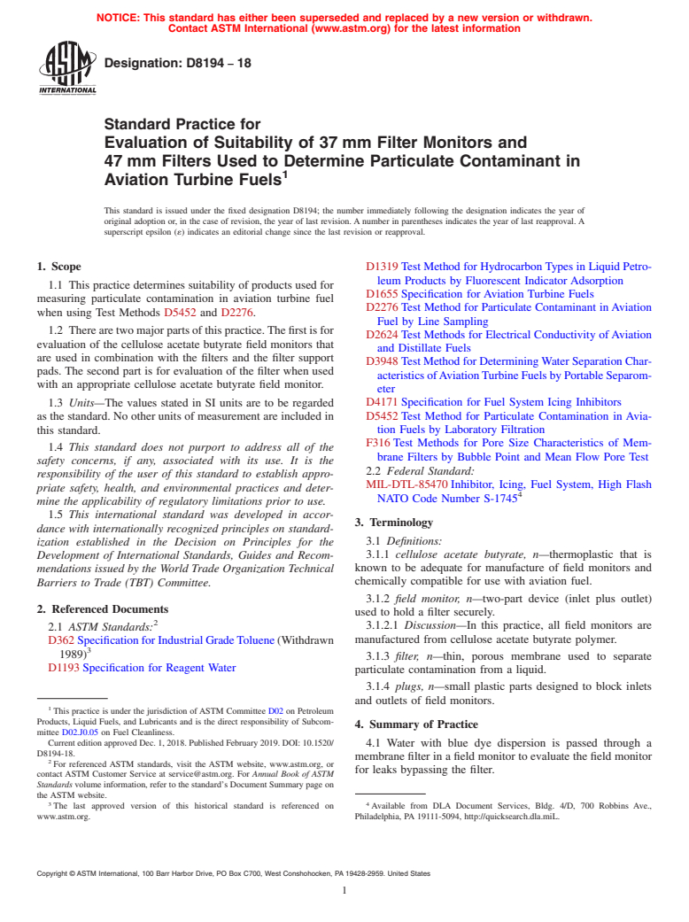 ASTM D8194-18 - Standard Practice for Evaluation of Suitability of 37&#x2009;mm Filter Monitors and  47&#x2009;mm Filters Used to Determine Particulate Contaminant in  Aviation Turbine Fuels