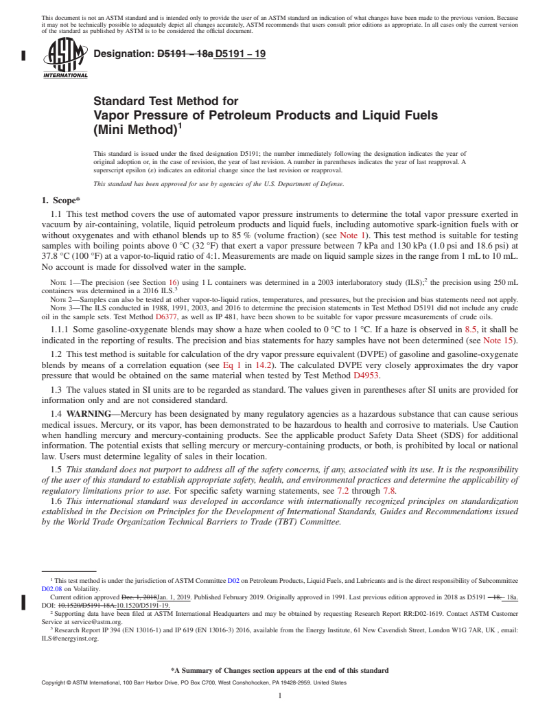 REDLINE ASTM D5191-19 - Standard Test Method for Vapor Pressure of Petroleum Products and Liquid Fuels (Mini  Method)