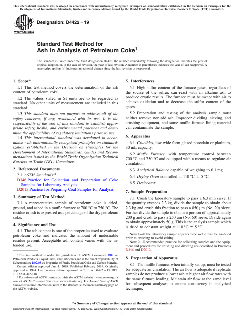 ASTM D4422-19 - Standard Test Method for  Ash in Analysis of Petroleum Coke