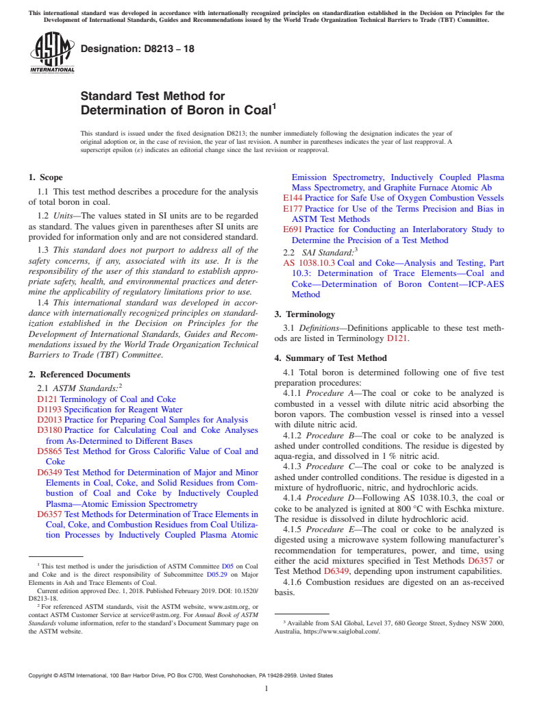 ASTM D8213-18 - Standard Test Method for  Determination of Boron in Coal
