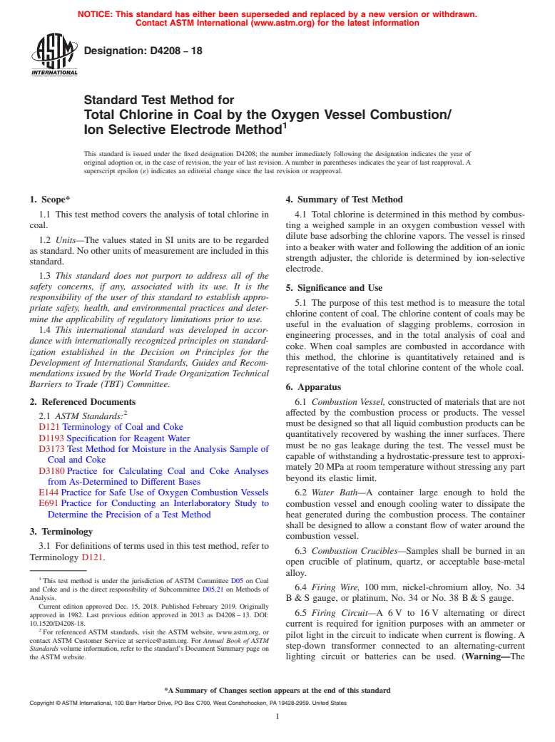 ASTM D4208-18 - Standard Test Method for  Total Chlorine in Coal by the Oxygen Vessel Combustion/Ion  Selective Electrode Method