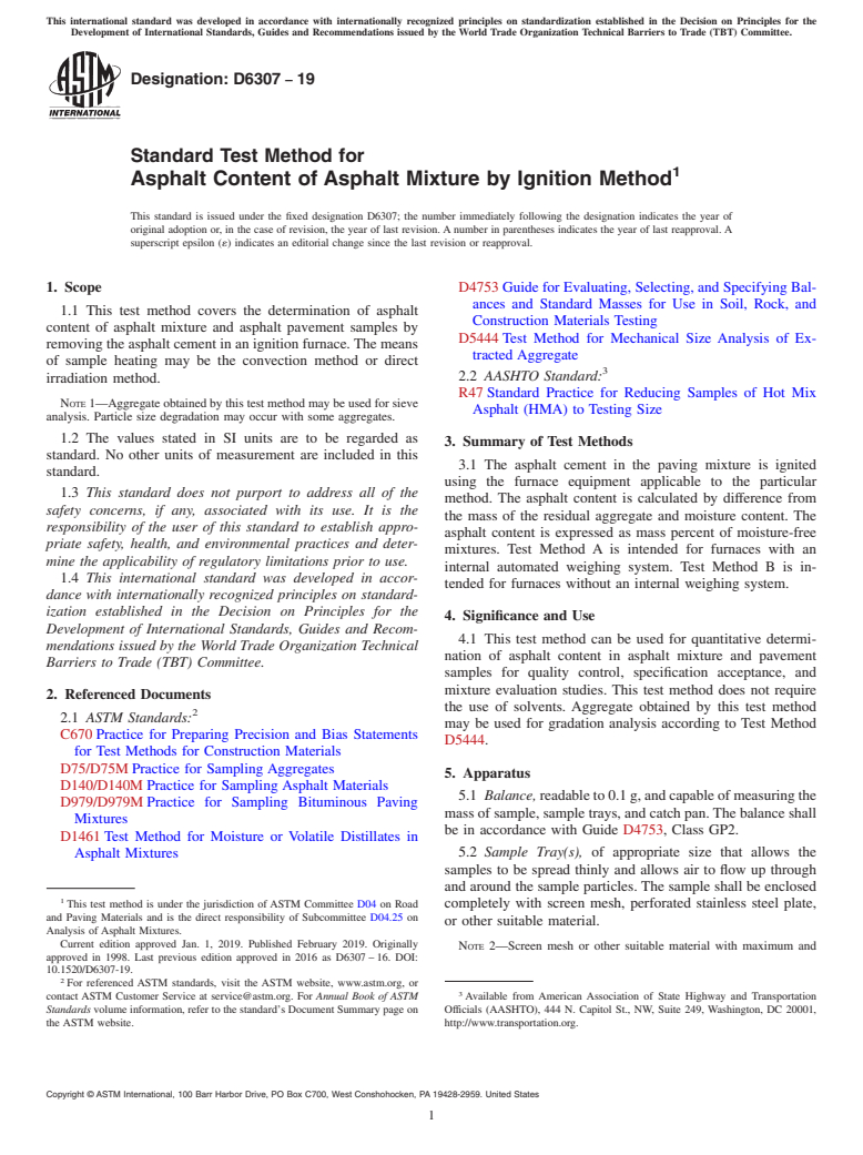 ASTM D6307-19 - Standard Test Method for  Asphalt Content of Asphalt Mixture by Ignition Method