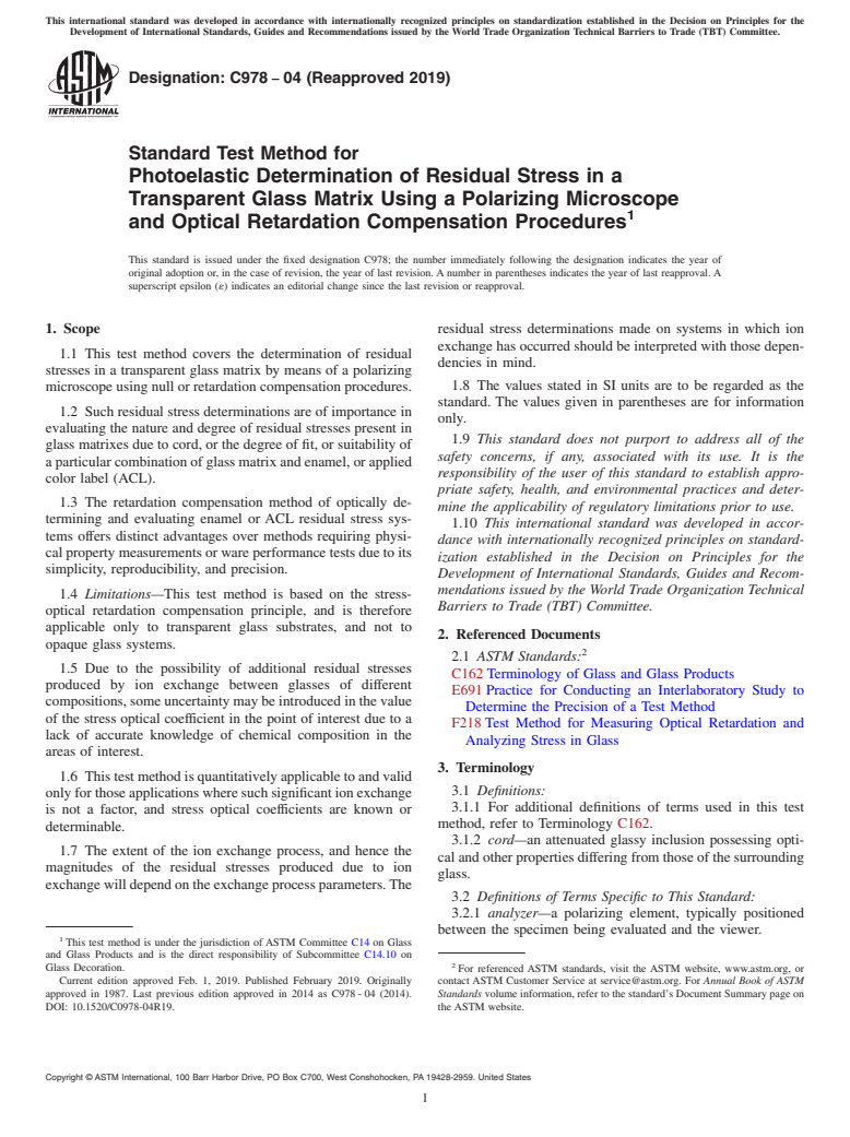 ASTM C978-04(2019) - Standard Test Method for  Photoelastic Determination of Residual Stress in a Transparent  Glass Matrix Using a Polarizing Microscope and Optical Retardation  Compensation Procedures