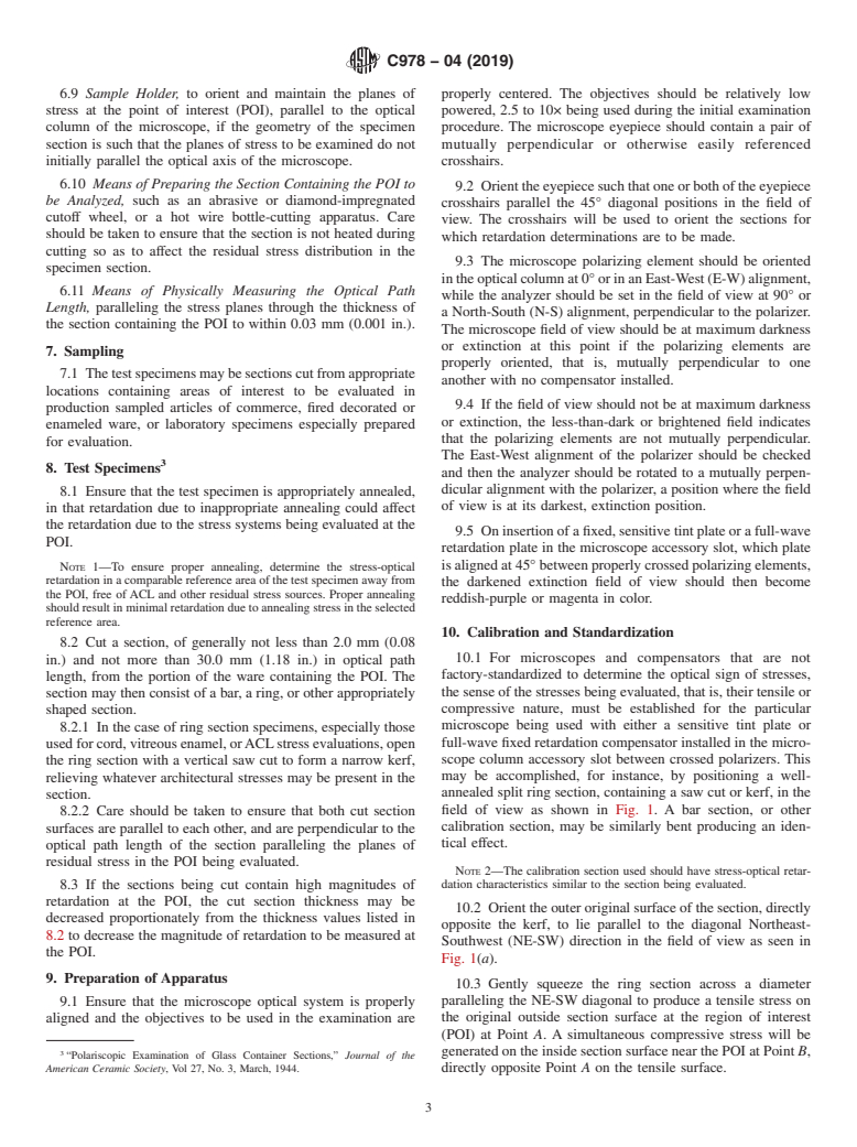 ASTM C978-04(2019) - Standard Test Method for  Photoelastic Determination of Residual Stress in a Transparent  Glass Matrix Using a Polarizing Microscope and Optical Retardation  Compensation Procedures