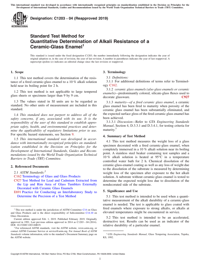 ASTM C1203-04(2019) - Standard Test Method for  Quantitative Determination of Alkali Resistance of a Ceramic-Glass  Enamel