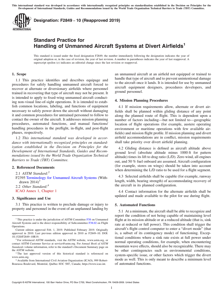 ASTM F2849-10(2019) - Standard Practice for Handling of Unmanned Aircraft Systems at Divert Airfields