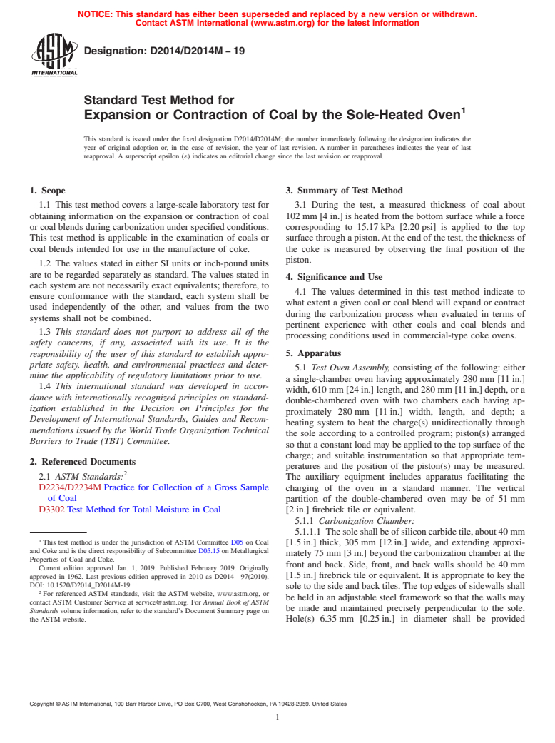 ASTM D2014/D2014M-19 - Standard Test Method for  Expansion or Contraction of Coal by the Sole-Heated Oven