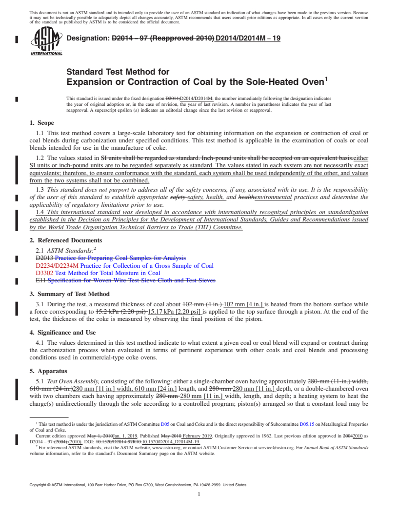 REDLINE ASTM D2014/D2014M-19 - Standard Test Method for  Expansion or Contraction of Coal by the Sole-Heated Oven