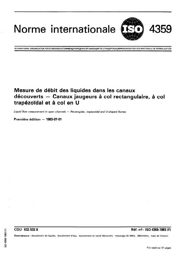 ISO 4359:1983 - Mesure de débit des liquides dans les canaux découverts -- Canaux jaugeurs a col rectangulaire, a col trapézoidal et a col en U