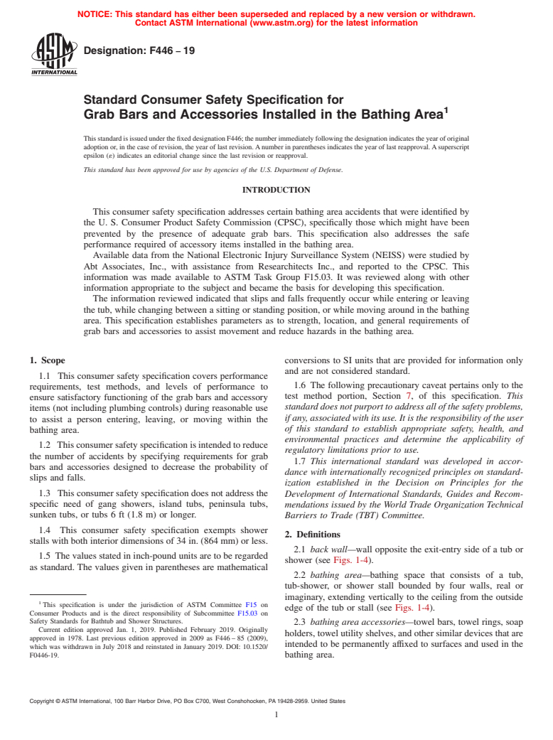 ASTM F446-19 - Standard Consumer Safety Specification for  Grab Bars and Accessories Installed in the Bathing Area